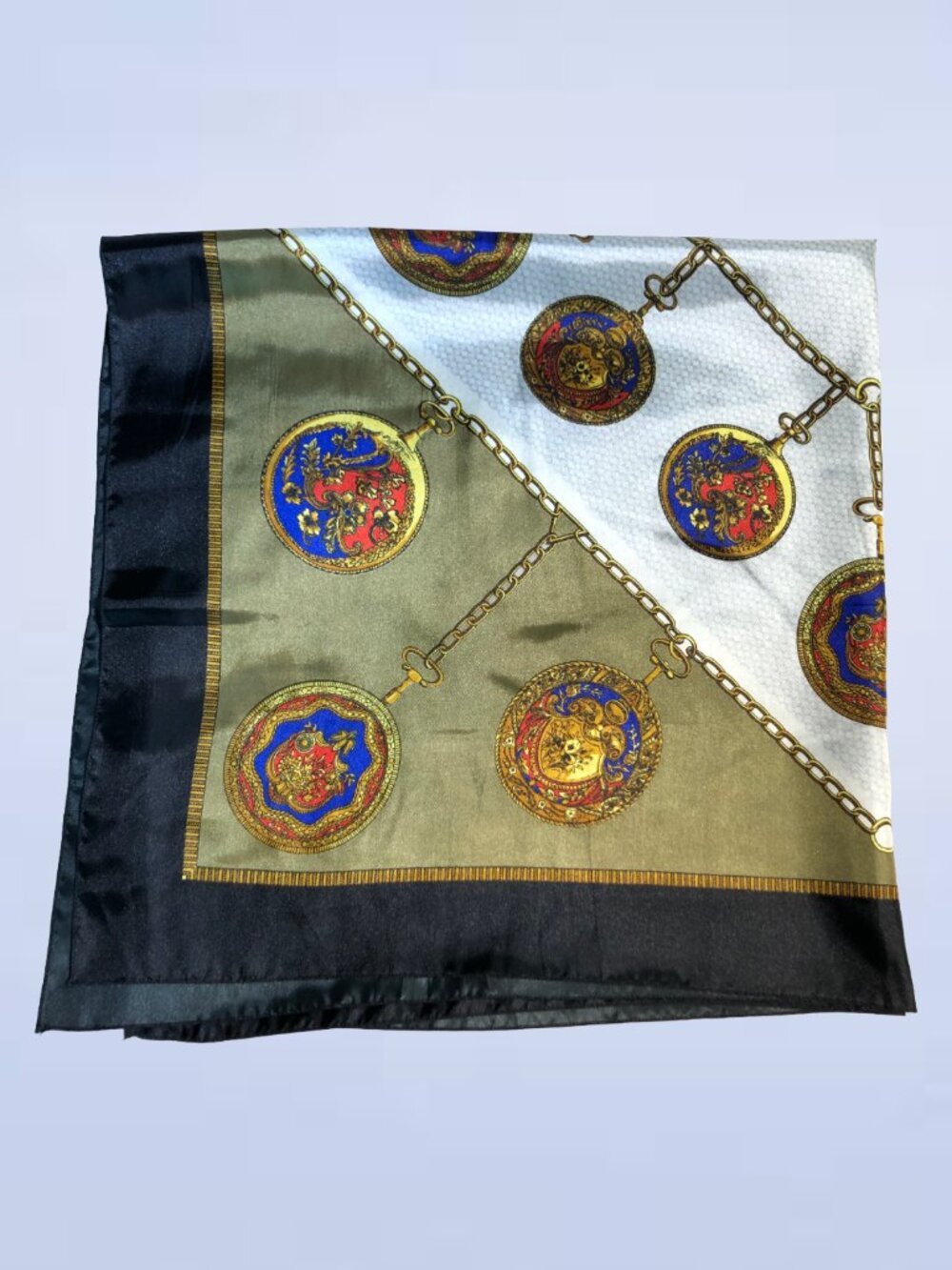 Vintage Satin Scarf Pocket Watch Chain Print Olive Green Black Square Neck Scarf